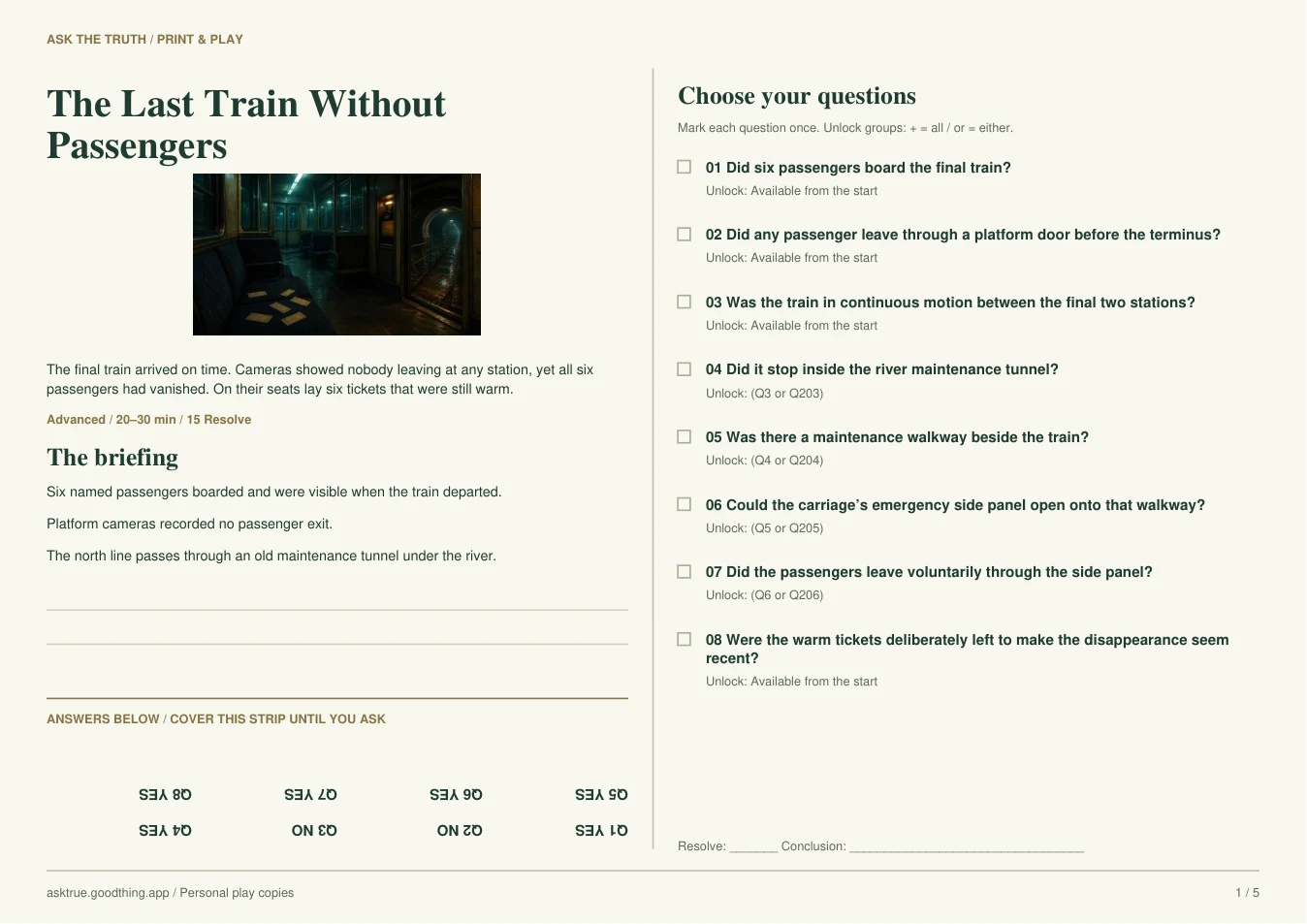 The Last Train Without Passengers, first casebook sheet preview