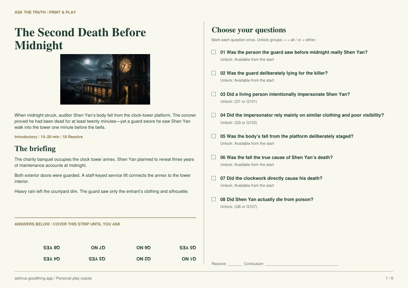 The Second Death Before Midnight, first casebook sheet preview