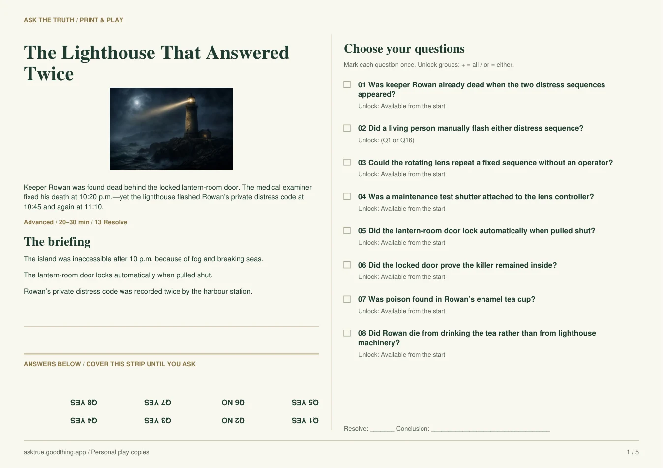 The Lighthouse That Answered Twice, first casebook sheet preview