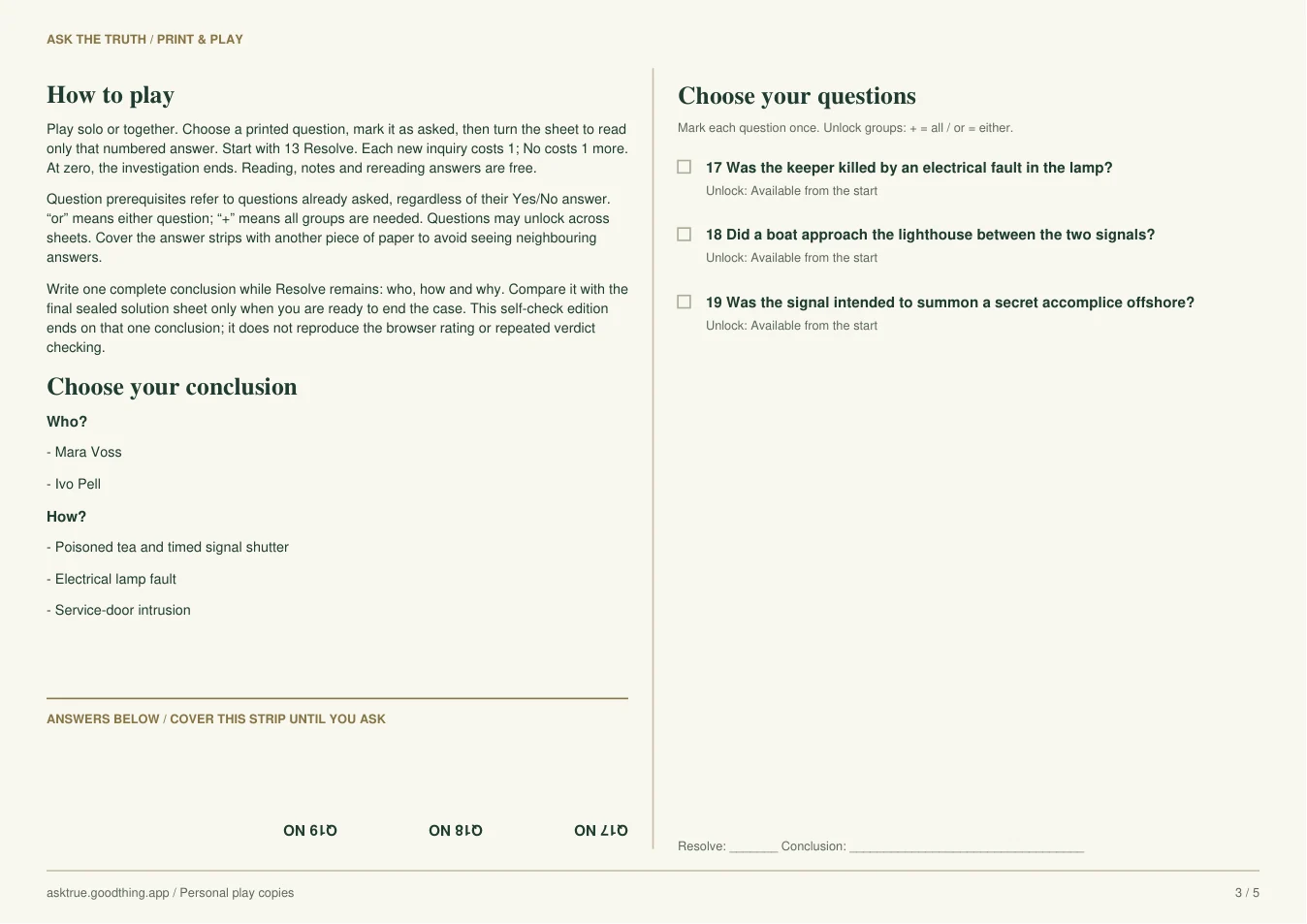 The Lighthouse That Answered Twice, printable sheet 3. Case notes and inverted answer strip on the left; question list on the right.