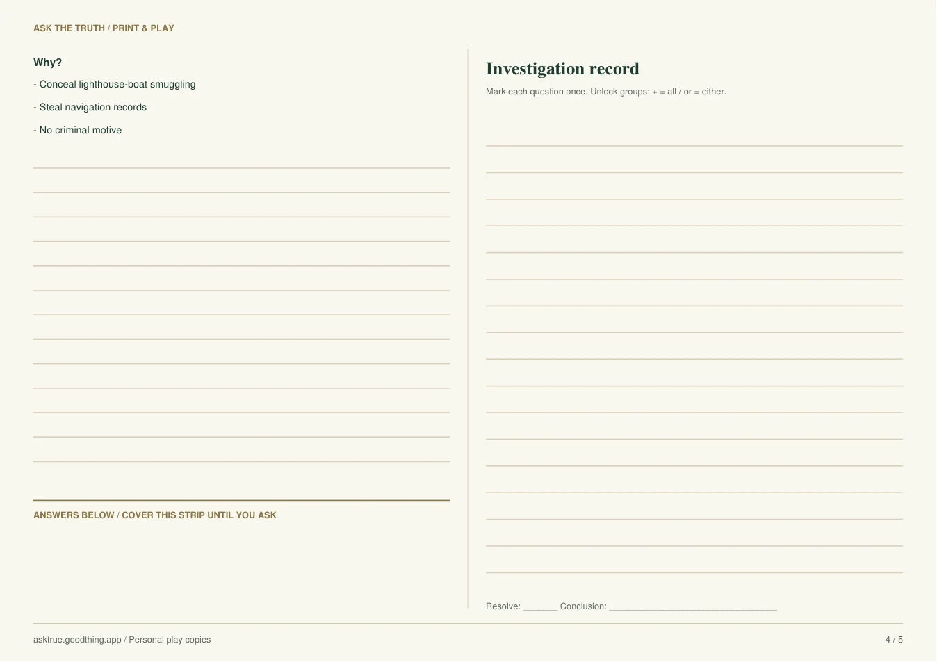 The Lighthouse That Answered Twice, printable sheet 4. Case notes and inverted answer strip on the left; question list on the right.