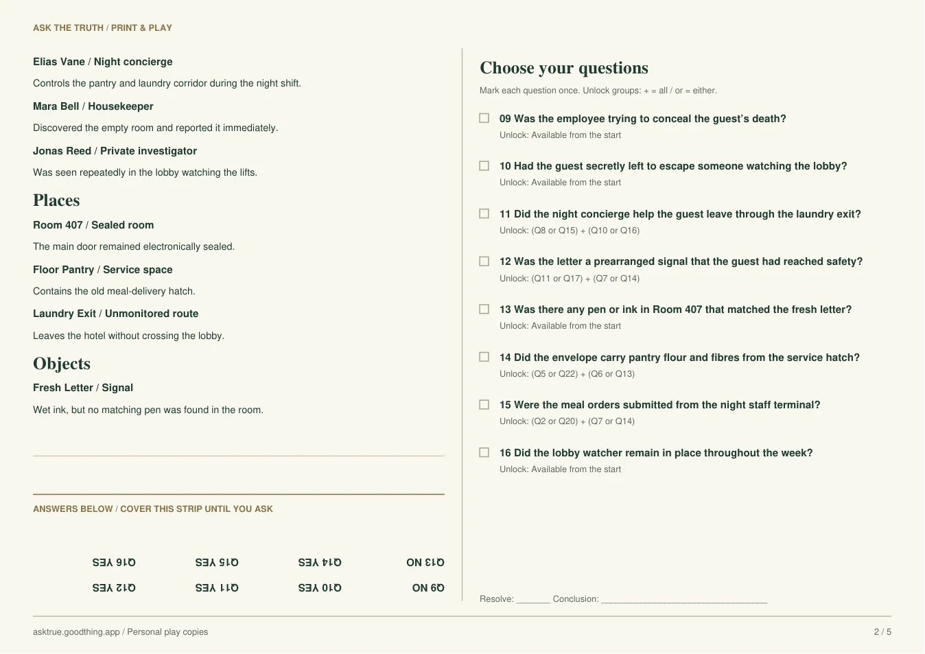 The Room That Never Opened, printable sheet 2. Case notes and inverted answer strip on the left; question list on the right.