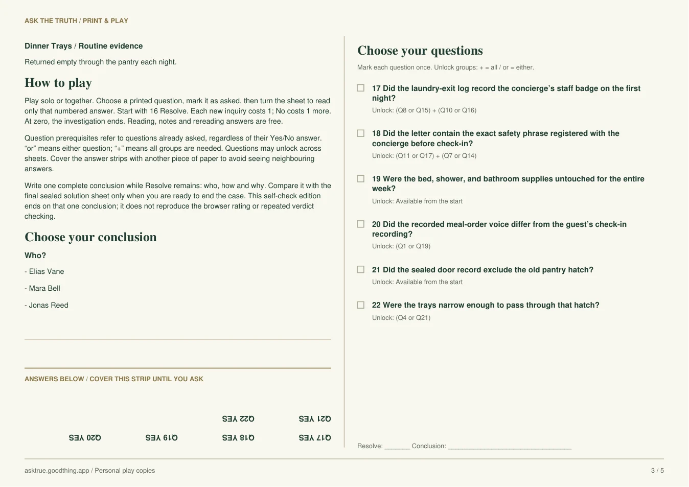 The Room That Never Opened, printable sheet 3. Case notes and inverted answer strip on the left; question list on the right.