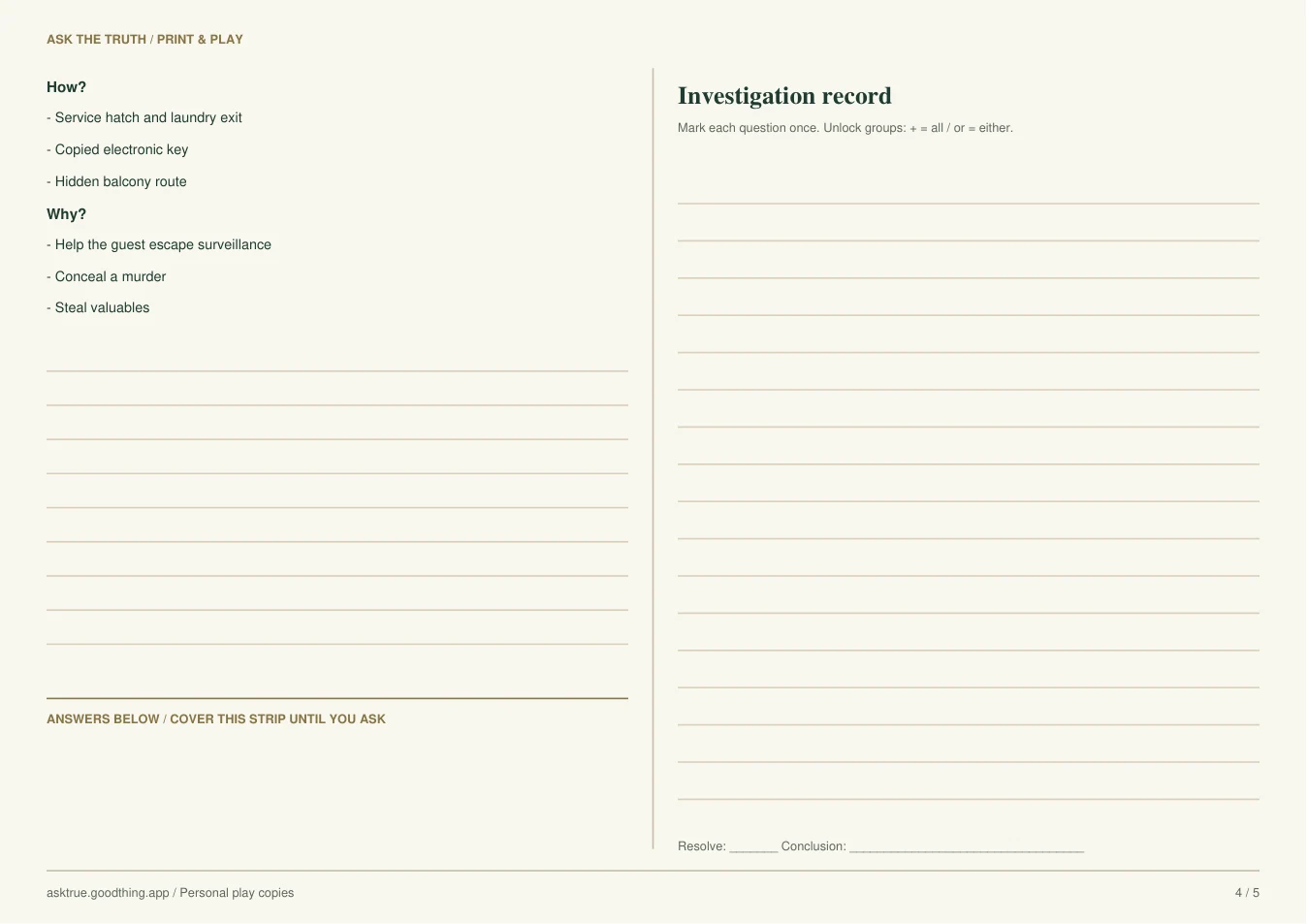 The Room That Never Opened, printable sheet 4. Case notes and inverted answer strip on the left; question list on the right.