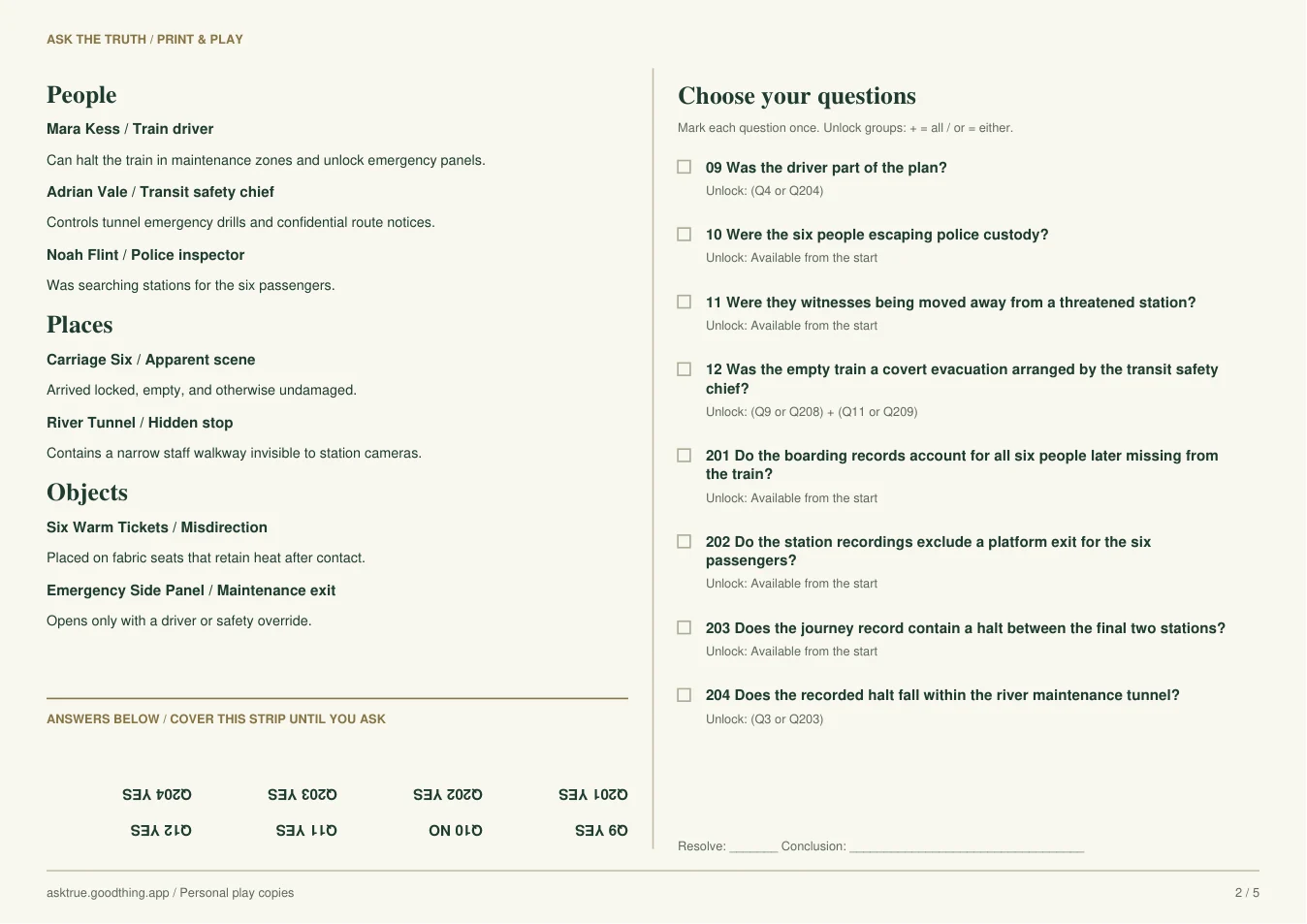 The Last Train Without Passengers, printable sheet 2. Case notes and inverted answer strip on the left; question list on the right.