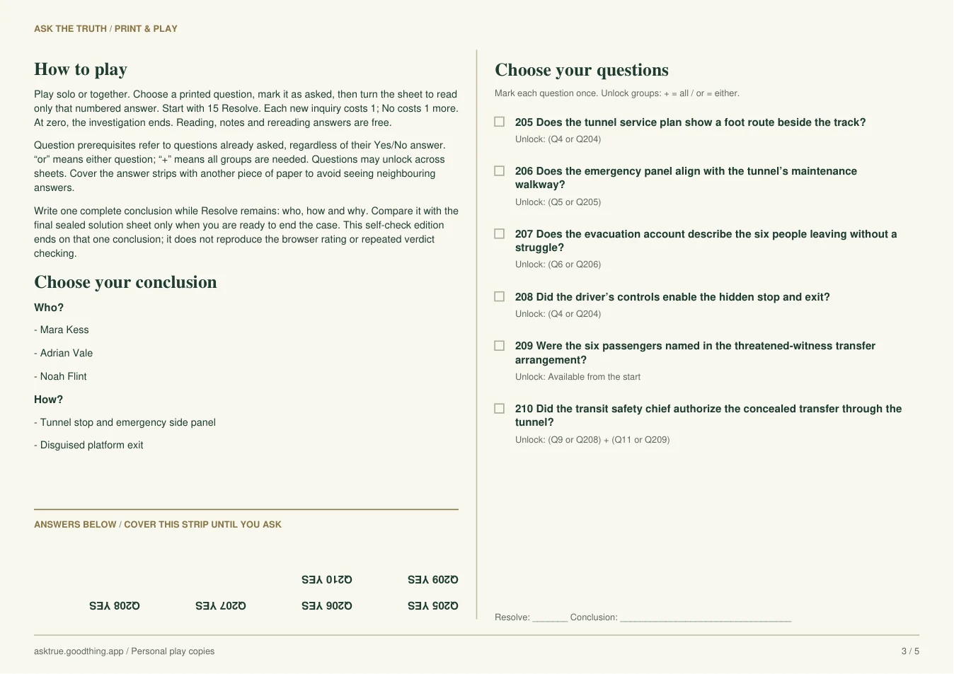 The Last Train Without Passengers, printable sheet 3. Case notes and inverted answer strip on the left; question list on the right.