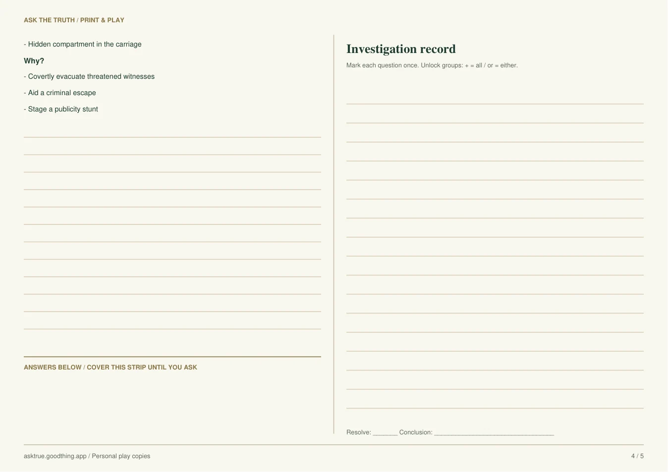 The Last Train Without Passengers, printable sheet 4. Case notes and inverted answer strip on the left; question list on the right.