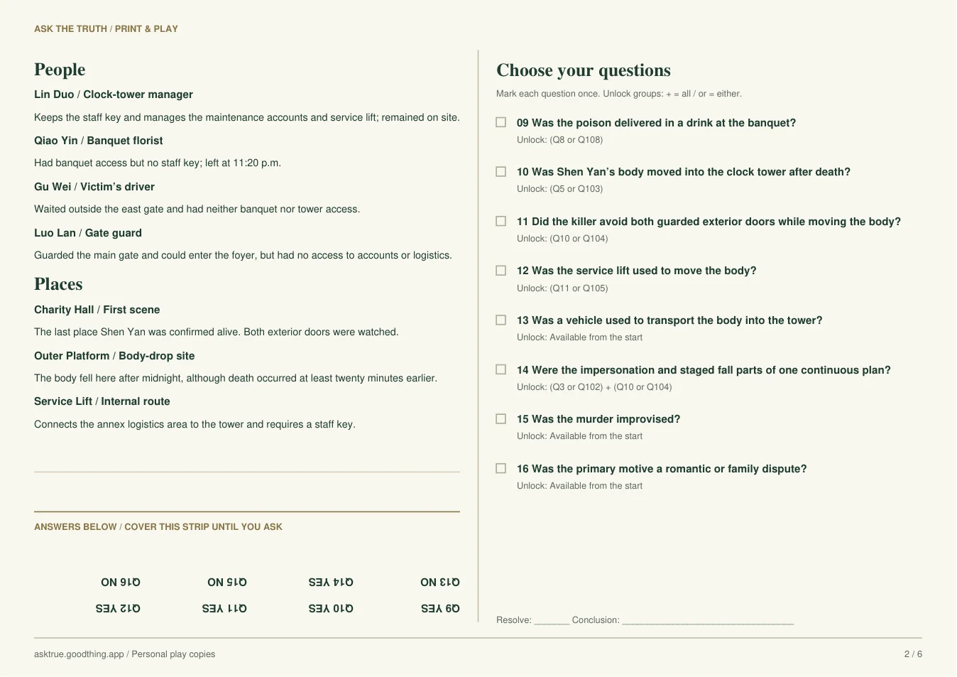 The Second Death Before Midnight, printable sheet 2. Case notes and inverted answer strip on the left; question list on the right.