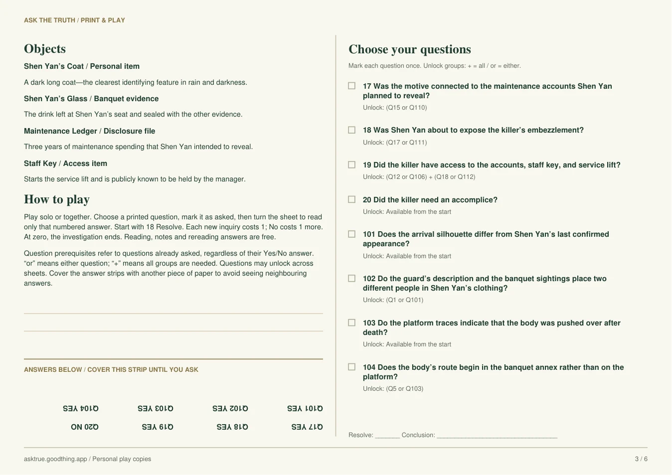The Second Death Before Midnight, printable sheet 3. Case notes and inverted answer strip on the left; question list on the right.