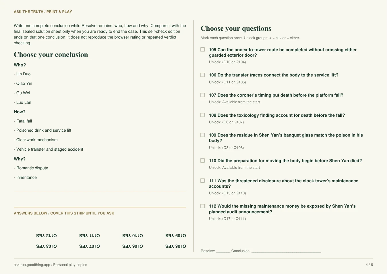 The Second Death Before Midnight, printable sheet 4. Case notes and inverted answer strip on the left; question list on the right.