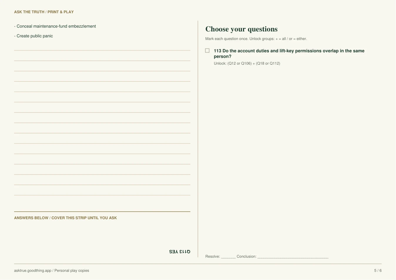 The Second Death Before Midnight, printable sheet 5. Case notes and inverted answer strip on the left; question list on the right.